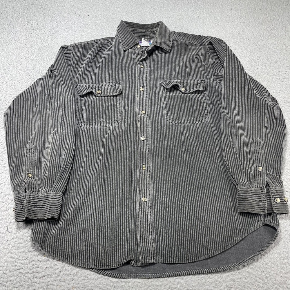 Vintage NorthCrest Shirt Mens Medium Gray Stripe Corduroy Button Front 90s